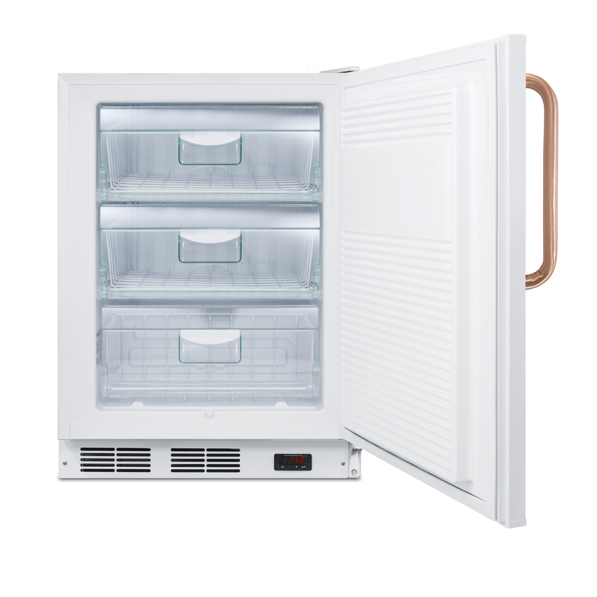 ADA compliant built-in undercounter medical all-freezer capable of -25 C operation, white with pure copper handle and front lock